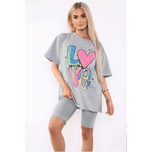 Chic Cycling Co-Ord Set: Printed Slogan Tee & Side Slit Shorts for Her - Image 2