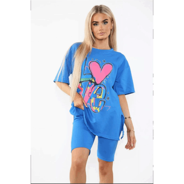 Chic Cycling Co-Ord Set: Printed Slogan Tee & Side Slit Shorts for Her - Image 3