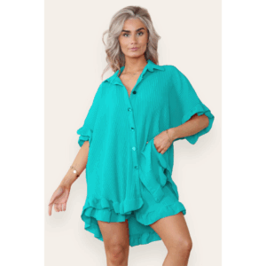 Chic Women's Oversized Button-Detail Ruffle Co-Ord Set – Stylish & Comfy