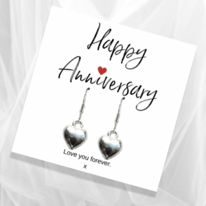 Sterling Silver Heart Earrings with Customizable Anniversary Message Card
