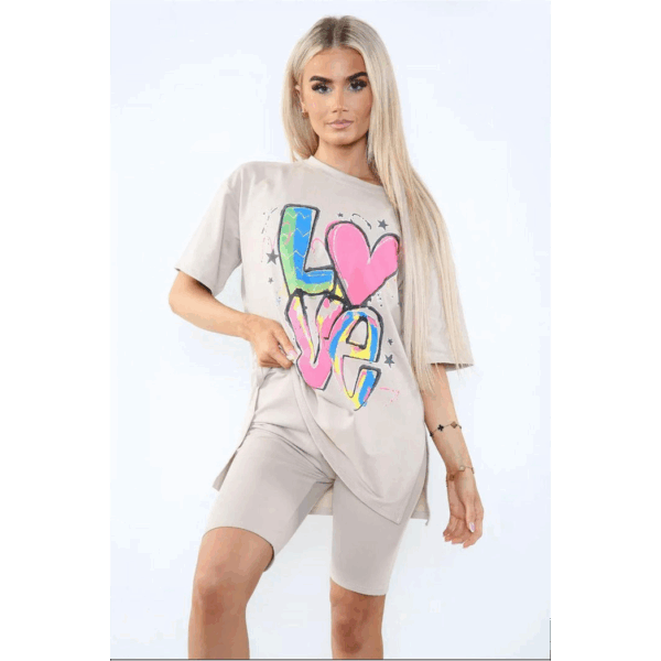 Chic Cycling Co-Ord Set: Printed Slogan Tee & Side Slit Shorts for Her - Image 8