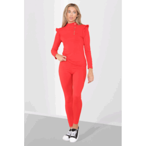 Chic Frill Shoulder Gold Button Loungewear Set - Effortless Elegance!