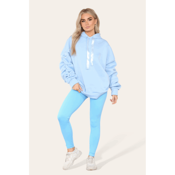 Chic Oversized Ruched Sleeve Hoodie with Satin Ribbon Detail for Effortless Style - Image 4