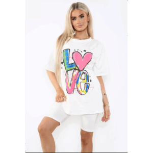 Chic Cycling Co-Ord Set: Printed Slogan Tee & Side Slit Shorts for Her