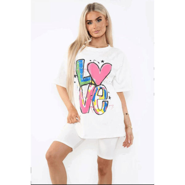 Chic Cycling Co-Ord Set: Printed Slogan Tee & Side Slit Shorts for Her