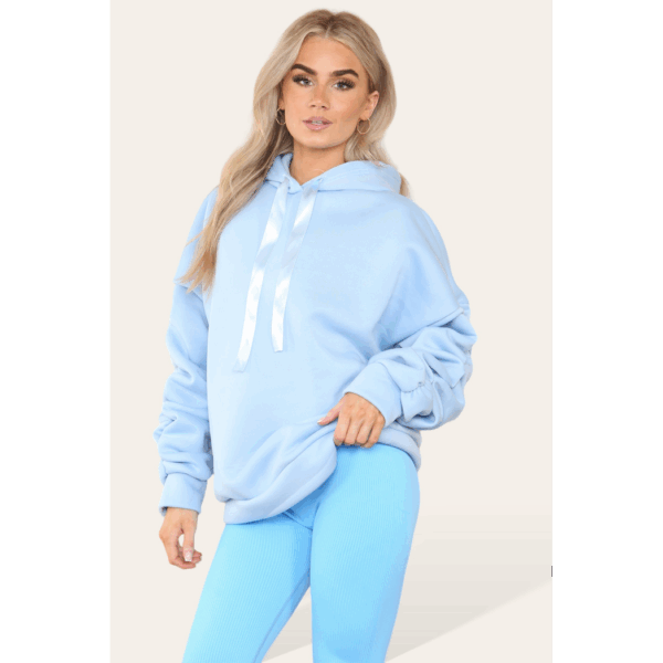 Chic Oversized Ruched Sleeve Hoodie with Satin Ribbon Detail for Effortless Style - Image 6