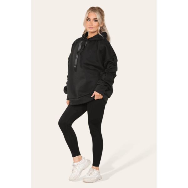 Chic Oversized Ruched Sleeve Hoodie with Satin Ribbon Detail for Effortless Style - Image 2