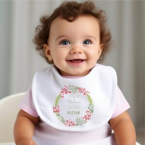 Personalised Festive Berry Wreath Baby Bib - My 1st Christmas Keepsake