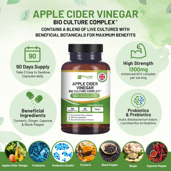 Bio Cultures Apple Cider Vinegar Capsules 1300mg - Vegan, Made in UK, 180 Count - Image 2