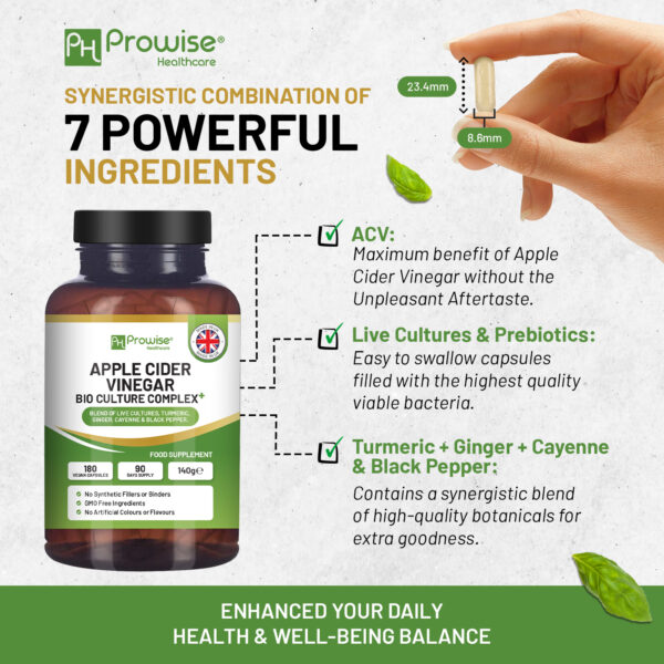 Bio Cultures Apple Cider Vinegar Capsules 1300mg - Vegan, Made in UK, 180 Count - Image 3