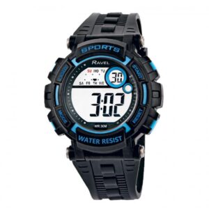 Ravel Men's 3ATM Digital Sports Watch - Stylish Black/Blue with Alarm & Stopwatch