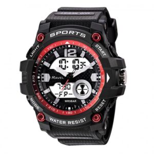 Ravel Red Ana-Digi 5ATM Sports Watch: Dual Time, LED, & Waterproof Performance