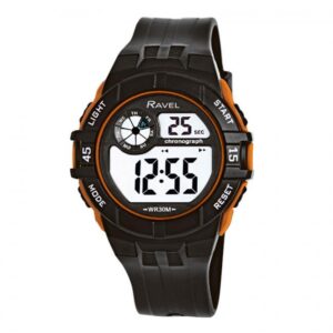 Ravel Men's 3ATM Digital Sports Watch: Black/Orange with Advanced Features
