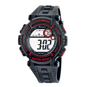 Ravel Men's 3ATM Digital Sports Watch - Black/Red with LED Features