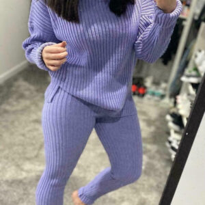 Chic Chunky Knitted Polo Loungewear Set: Cozy Top & Leggings Combo