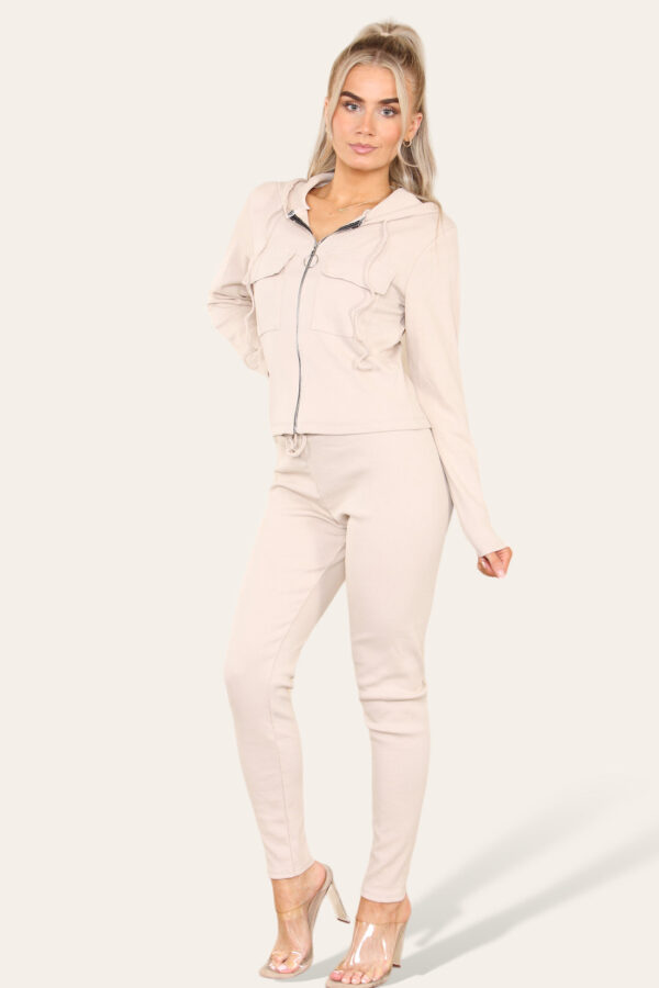 Cozy Zip-Up Ribbed Hooded Lounge Set with Front Pocket - One Size Fits All! - Image 5