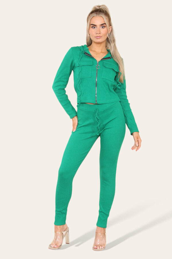 Cozy Zip-Up Ribbed Hooded Lounge Set with Front Pocket - One Size Fits All! - Image 7