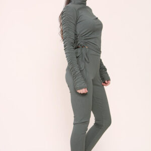 Chic High Neck Ruched Ribbed Tee & Leggings Set - Ultimate Comfort & Style