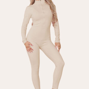 Chic Ribbed High Neck Zipper Collar Unitard - Stylish Jumpsuit Set