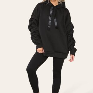 Chic Oversized Ruched Sleeve Hoodie with Satin Ribbon Detail for Effortless Style
