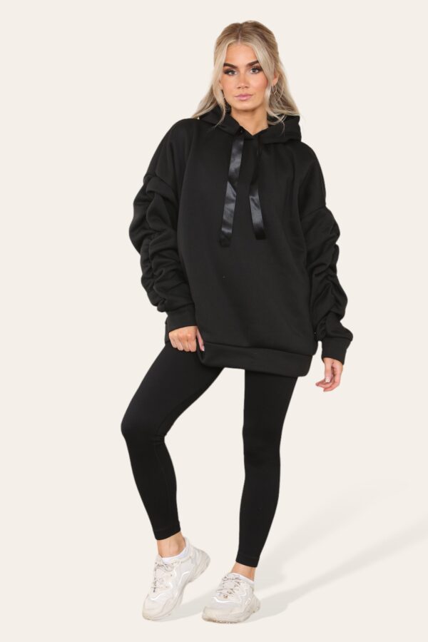 Chic Oversized Ruched Sleeve Hoodie with Satin Ribbon Detail for Effortless Style