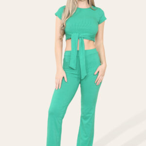 Chic Cropped Ribbed Loungewear Set with Tie Belt - Effortless Style!