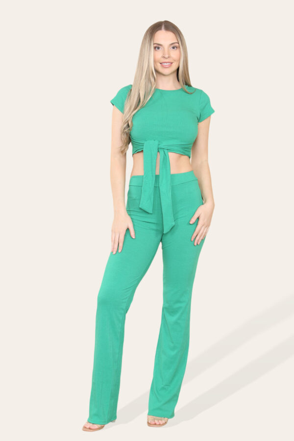 Chic Cropped Ribbed Loungewear Set with Tie Belt - Effortless Style!