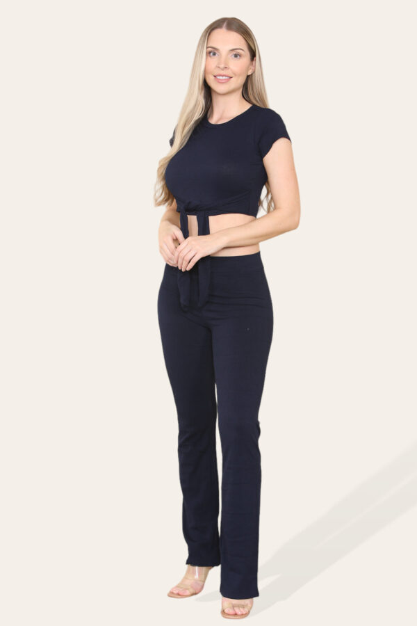 Chic Cropped Ribbed Loungewear Set with Tie Belt - Effortless Style! - Image 5