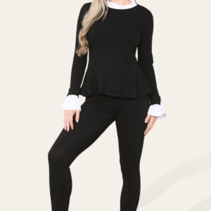 Chic Peplum Frill Neck Pleated Lounge Wear Set for Effortless Elegance