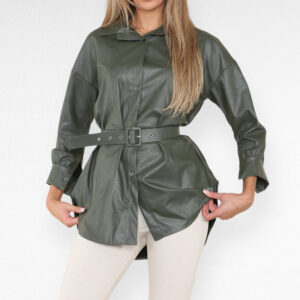 Edgy PU Faux Leather Belted Wet Look Shirt Dress for Bold Fashionistas