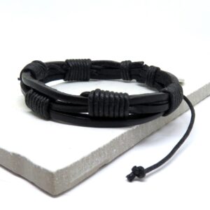 Adjustable Black Leather & Cord Bracelet for Men - Perfect Gift for Any Occasion