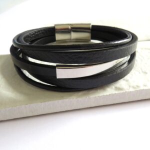 Stylish Men's Black Leather Bar Bracelet - Perfect Gift for Any Occasion!