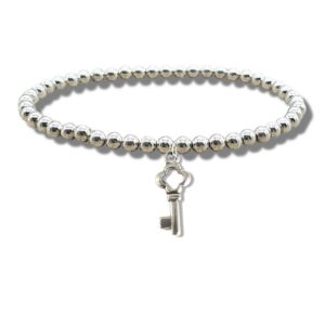 Heartfelt Key Charm Silver Beaded Bracelet - Perfect Gift for Any Occasion!