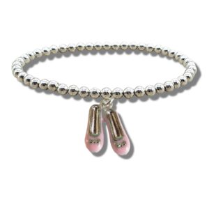Charming Silver Beaded Bracelet with Pink Ballet Shoes - Perfect Gift for Her!