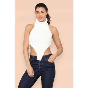 Chic High Neck Backless Cropped Knitted Top - Effortless Style & Comfort!