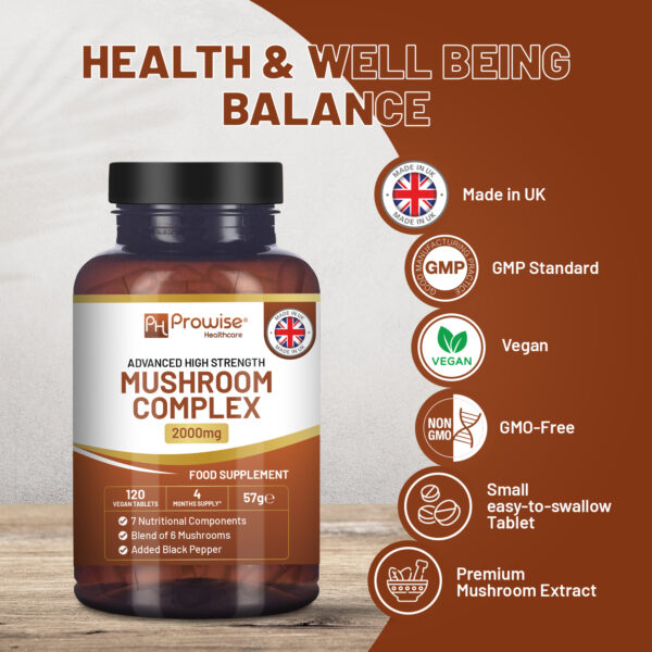 Advanced 6-Mushroom Complex 2000mg | Vegan Wellness Powerhouse | 120 Tablets - Image 3
