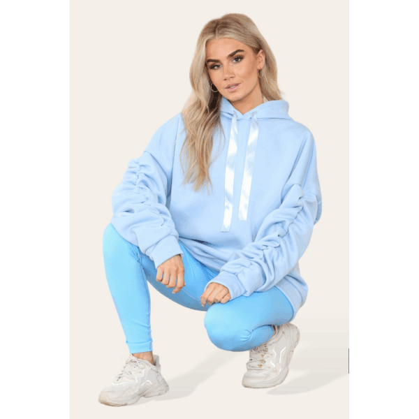 Chic Oversized Ruched Sleeve Hoodie with Satin Ribbon Detail for Effortless Style - Image 8
