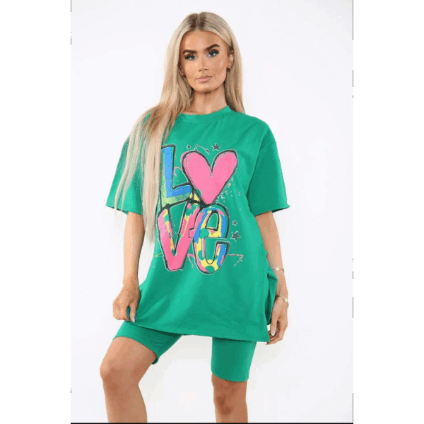 Chic Cycling Co-Ord Set: Printed Slogan Tee & Side Slit Shorts for Her - Image 6