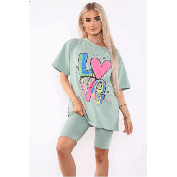 Chic Cycling Co-Ord Set: Printed Slogan Tee & Side Slit Shorts for Her - Image 7