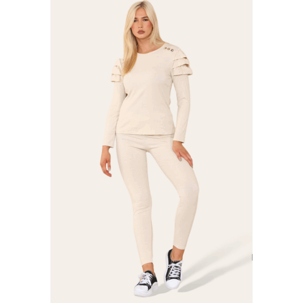 Chic Frilled Sleeves Lounge Set with Golden Button Detail - One Size 6-12 - Image 4