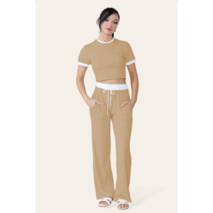Elevate Loungewear: Ribbed Contrast Wide Leg Flared Set for Ultimate Comfort