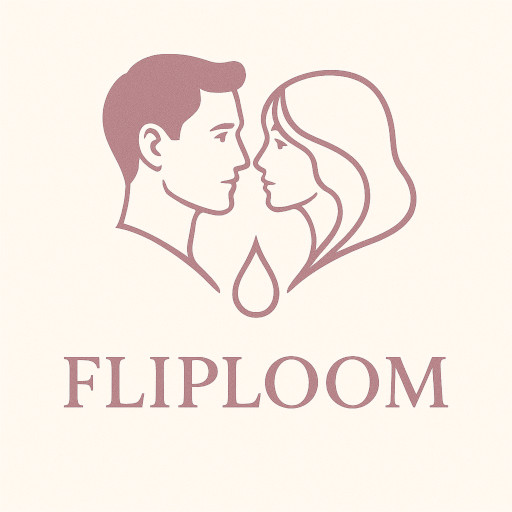 Stylized logo for Fliploom featuring the profile outlines of a man and woman facing each other with a droplet shape between them, above the word “FLIPLOOM” in an elegant serif font.
