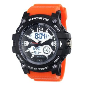 Ravel Men's 5ATM Dual Time Sports Digital Watch - Orange & Stylish Protection