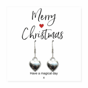 Charming Silver Puff Heart Drop Earrings with Merry Christmas Gift Card
